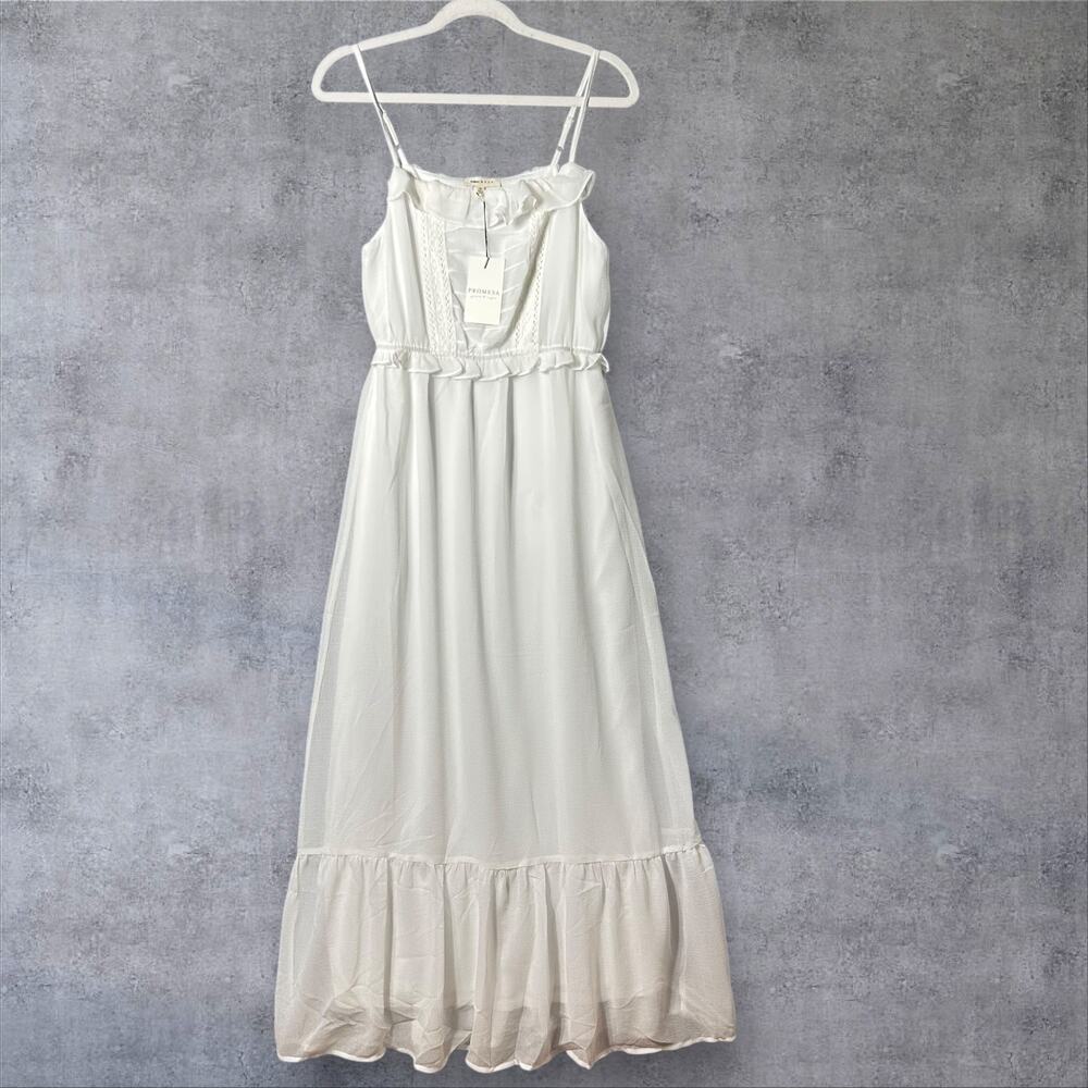 New Promesa Chiffon Maxi White‎ Ruffle Bodice Adjustable Straps Dress Medium